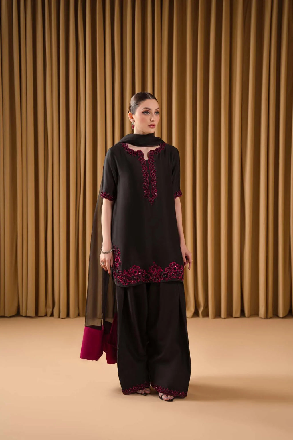 Ruby formal farshi shalwar by Uzman Yasen
