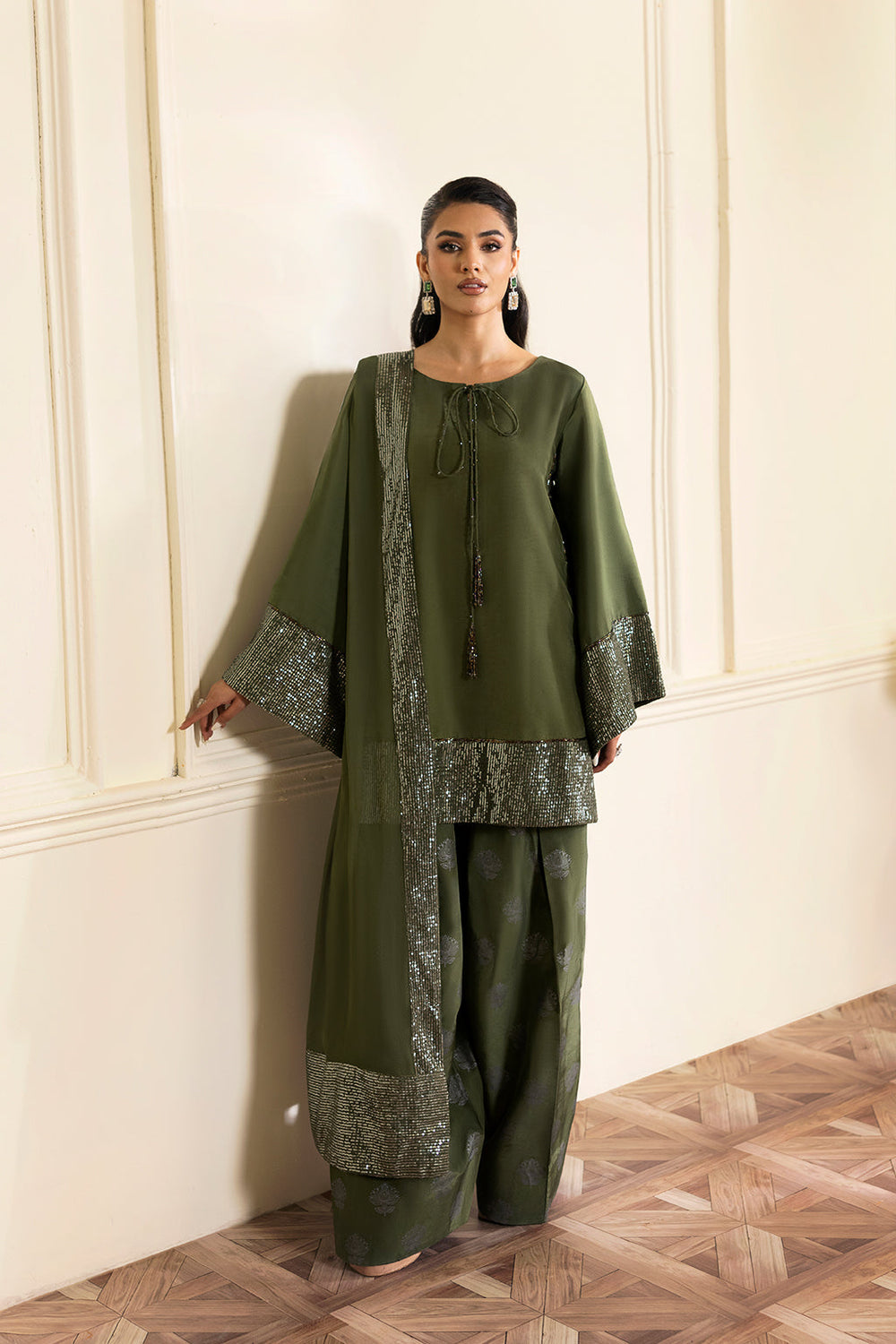 Olive green luxury pret farshi shalwar by Uzman Yasen